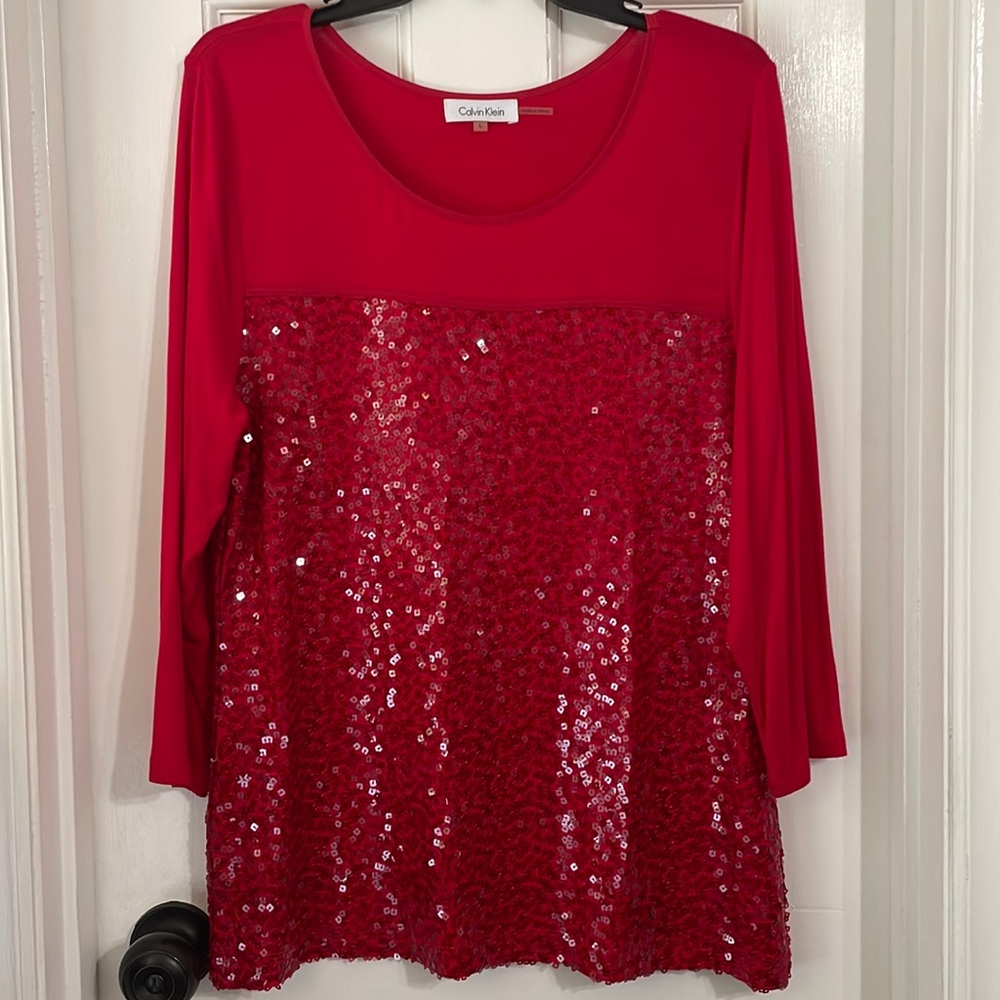Christmas Red Sparkly Shirt - Calvin Klein - Large - red sequin blouse